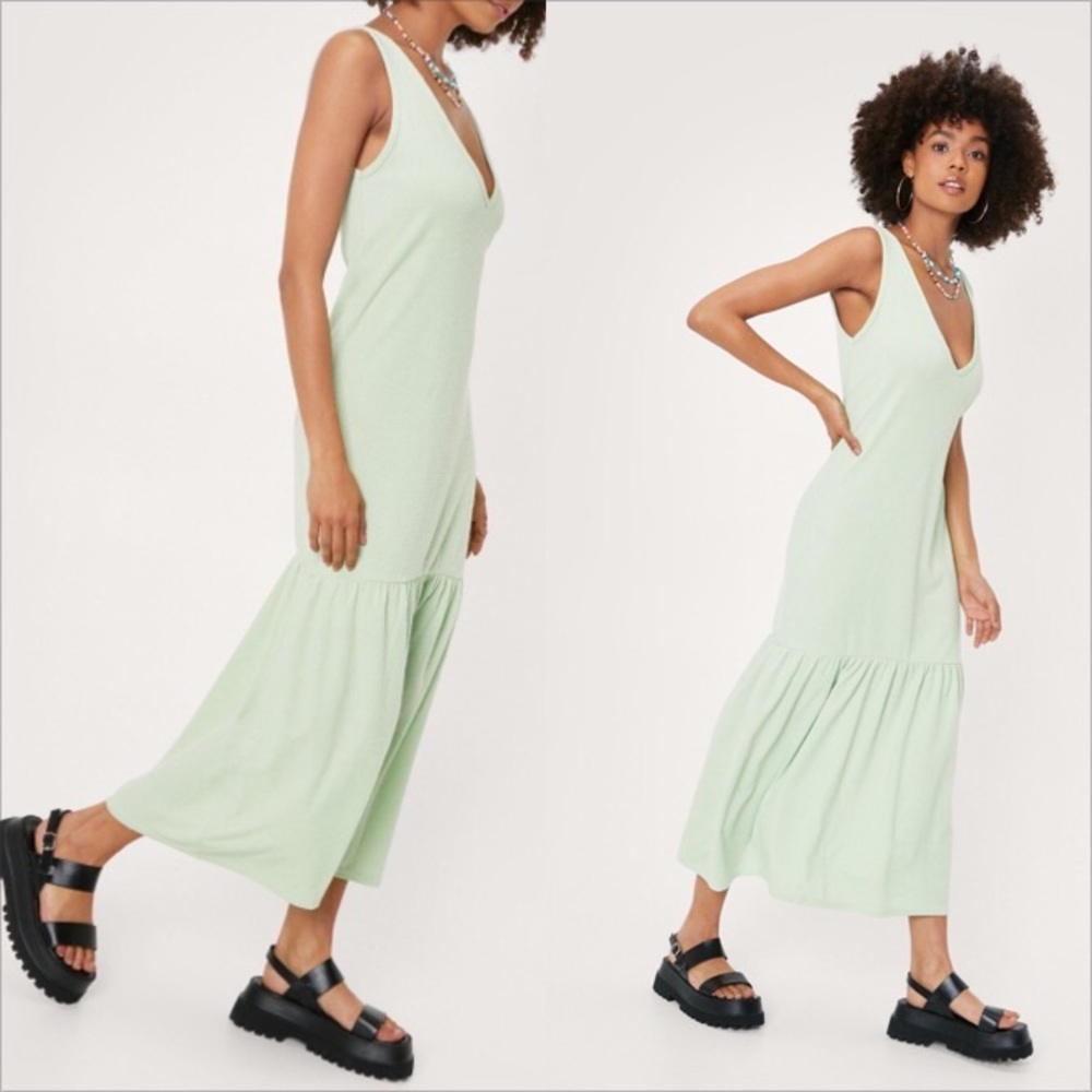 Nasty Gal V Neck Ruffle Maxi Dress in Pistachio Green